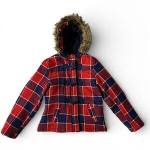 Justice Girls Red And N Blue Toggle Coat With A Removable Faux Fur Hood Size 16